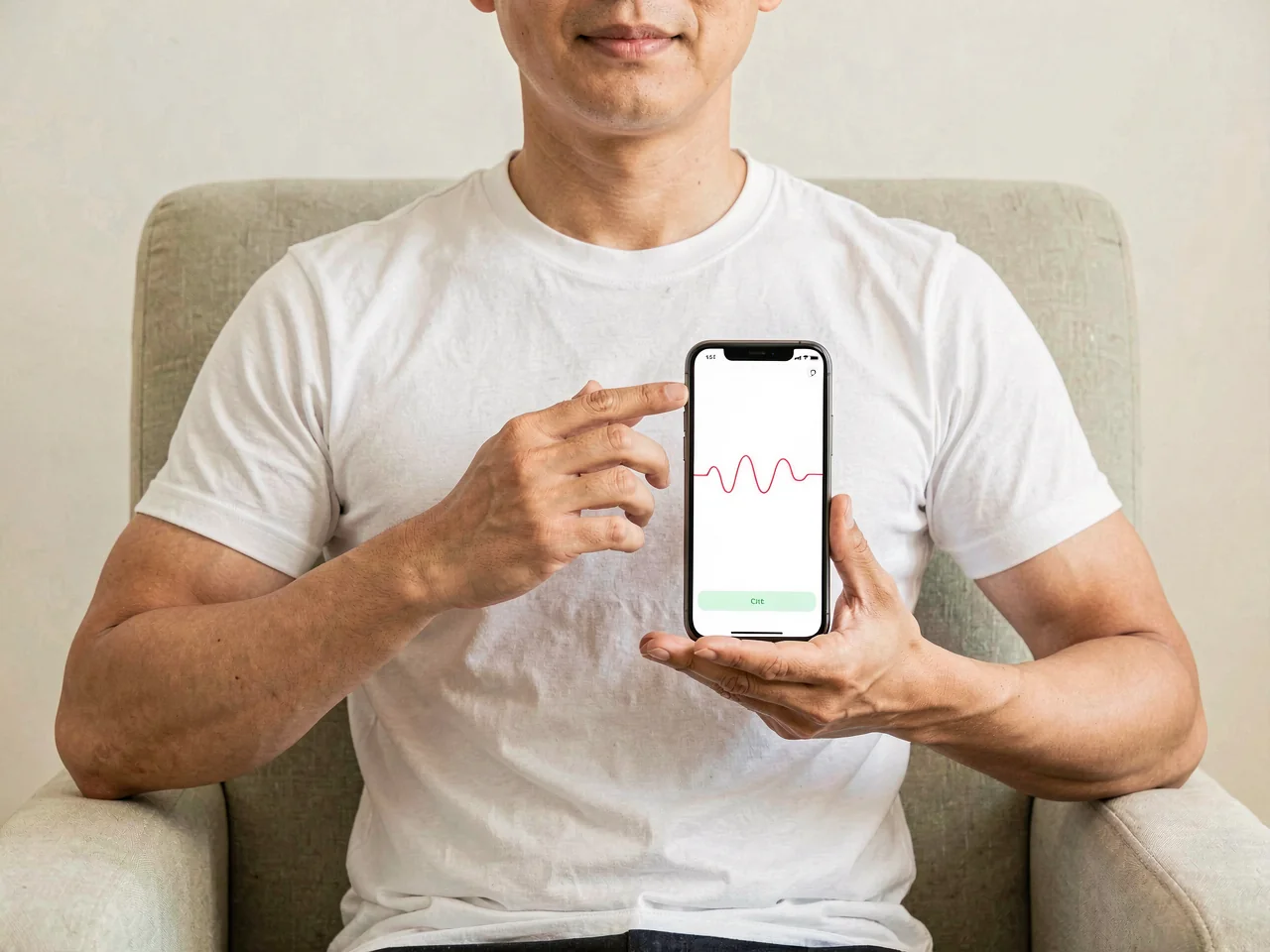 AI 生成的静坐示意：手机屏幕朝外、背面朝向左胸，双手稳定手机，双肘有支撑。